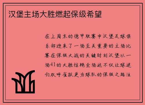 汉堡主场大胜燃起保级希望