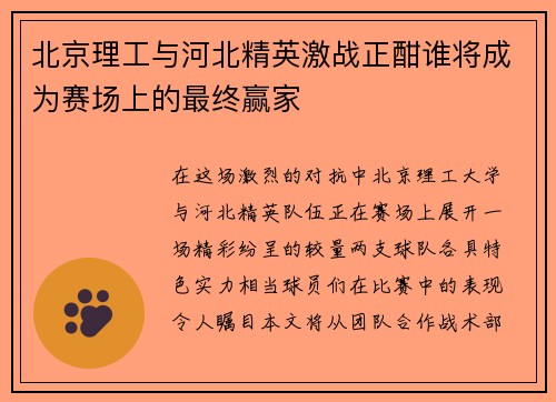 北京理工与河北精英激战正酣谁将成为赛场上的最终赢家
