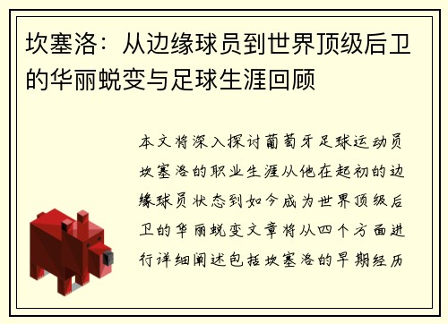 坎塞洛：从边缘球员到世界顶级后卫的华丽蜕变与足球生涯回顾
